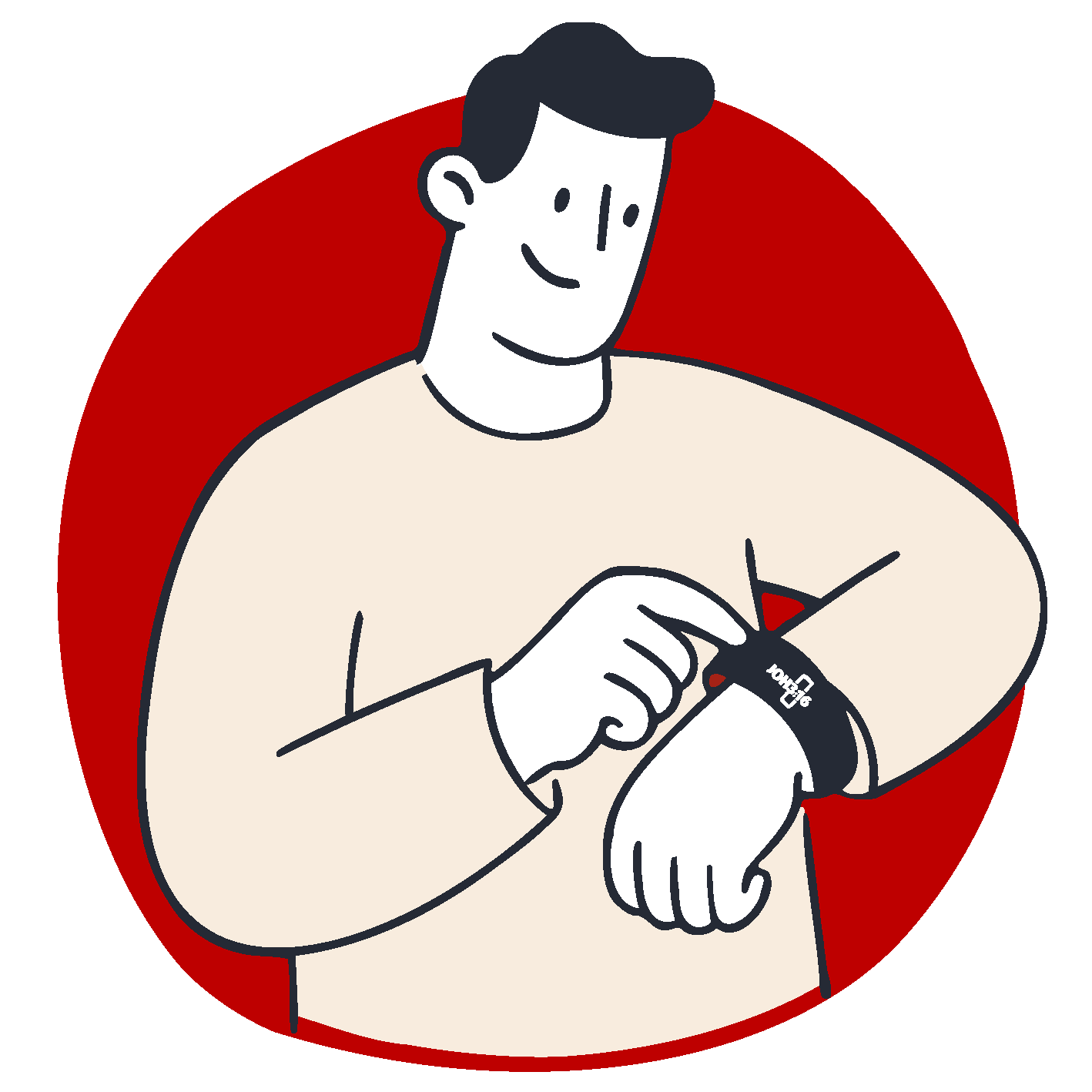 Illustration einer lächelnden Person, die eine Smartwatch an ihrem Handgelenk überprüft, mit einem roten Kreis im Hintergrund.