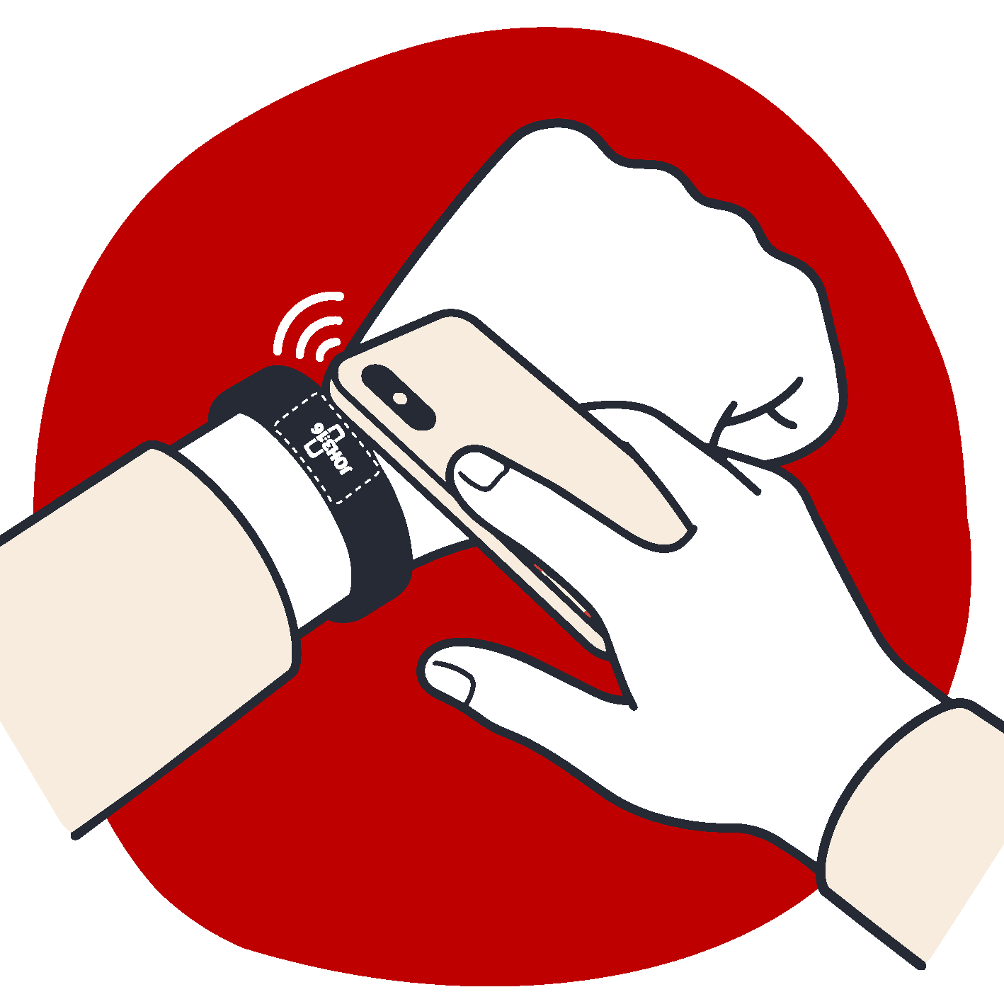Eine Hand hält ein Smartphone in die Nähe eines intelligenten Armbands, um eine kontaktlose Zahlung auf rotem Hintergrund durchzuführen.