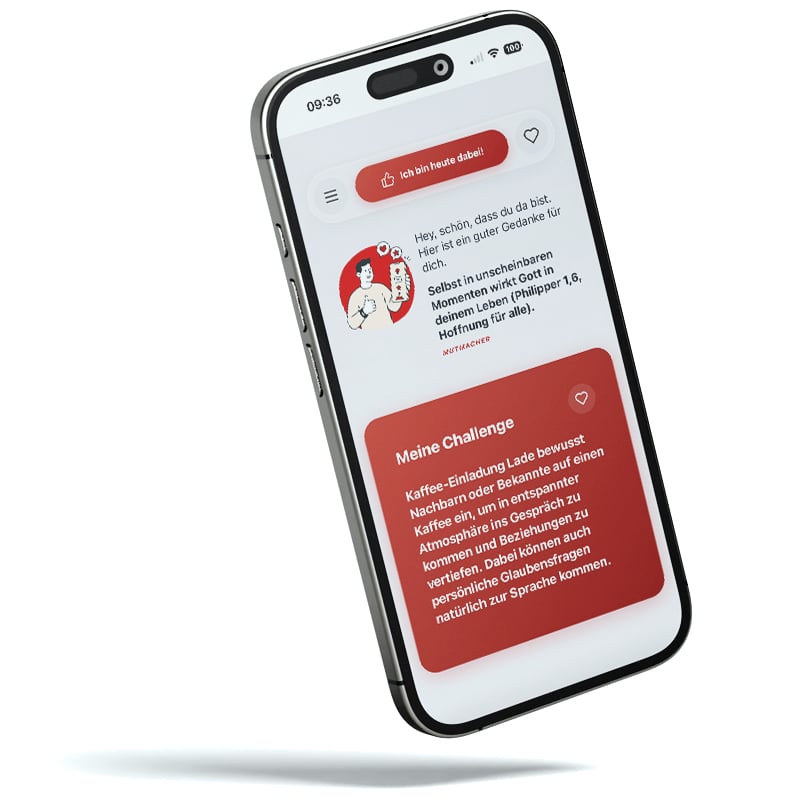 Ein Smartphone zeigt eine deutschsprachige App mit roten und weißen Oberflächenelementen und einem Text über eine Herausforderung.