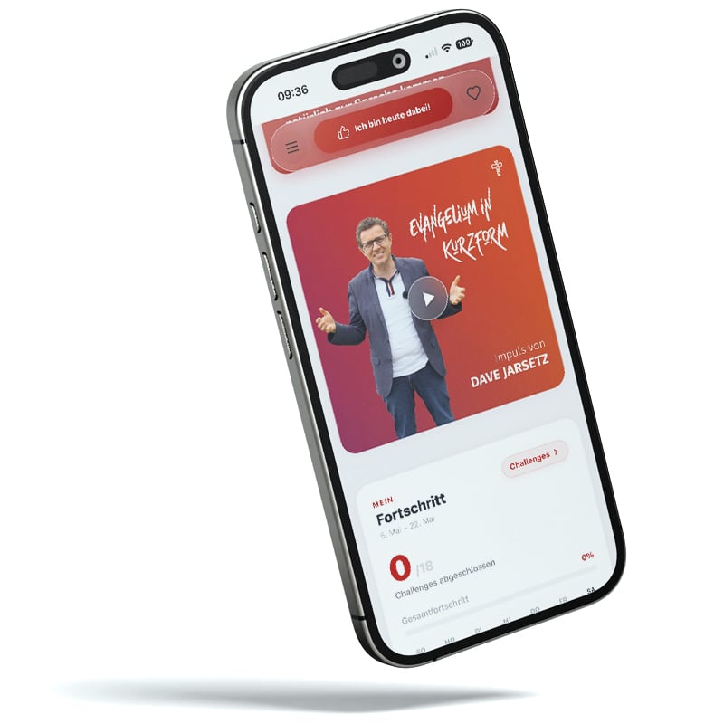 Ein Smartphone zeigt eine deutsche App mit einem Mann, Dave Jarsetz, und dem Text Evangelium in Kurzform.