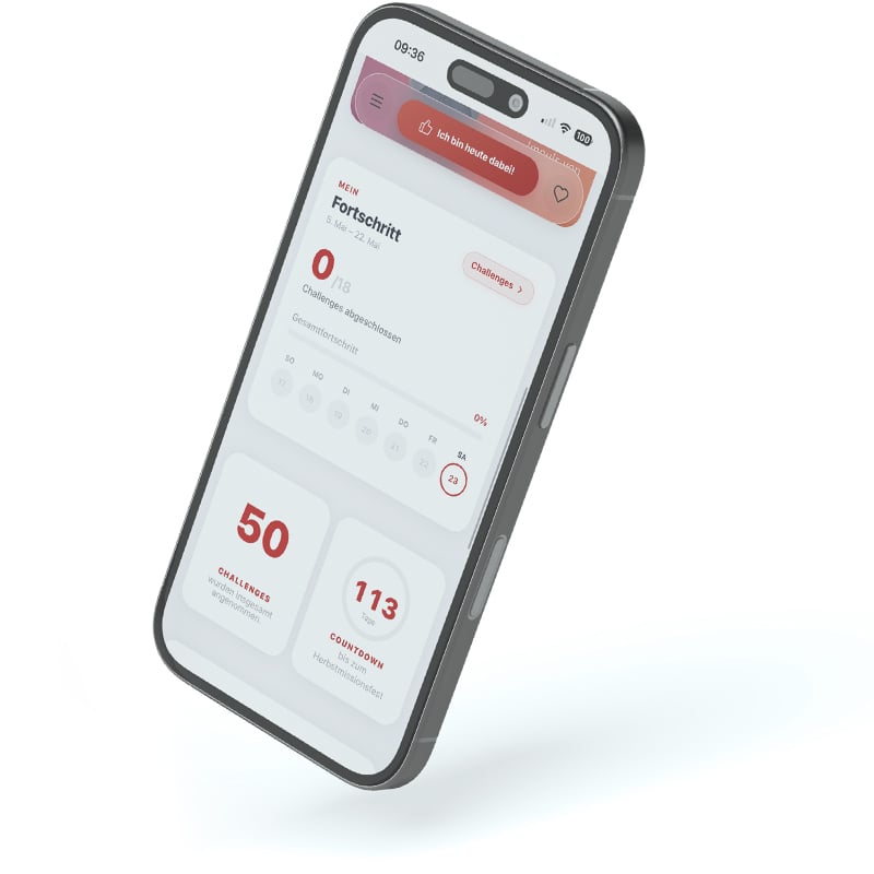 Auf einem Smartphone wird eine App zur Fortschrittsverfolgung mit Statistiken und Informationen zur Herausforderung auf Deutsch angezeigt.
